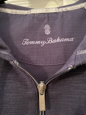 Tommy Bahama Indigo Full-Zip Hooded Sweatshirt with white stitch trim